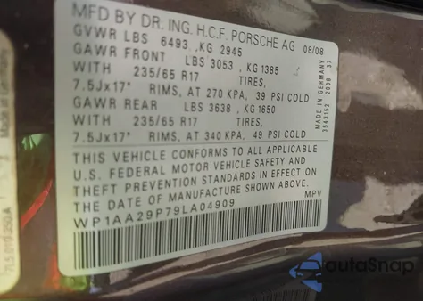 2009 Porsche Cayenne z USA, uszkodzony, nr VIN WP1AA29P79LA04909